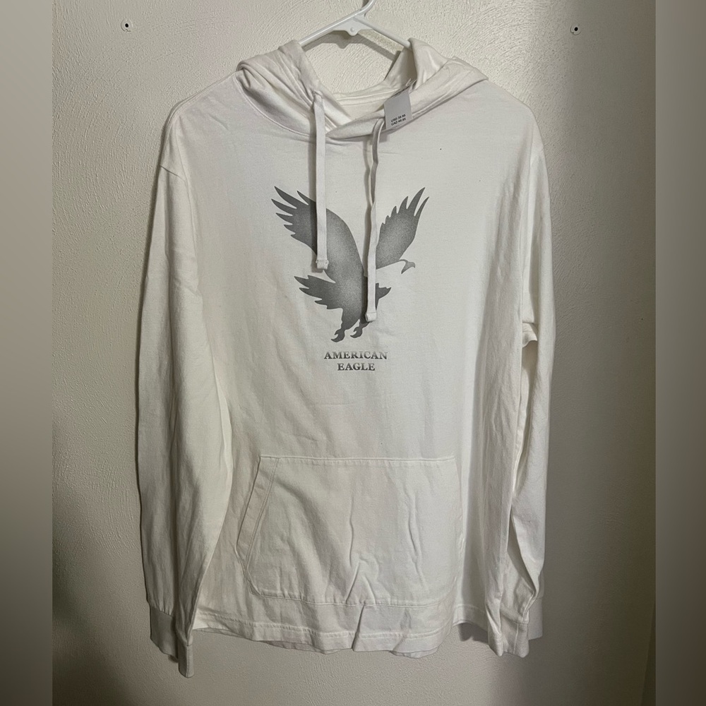 AMERICAN EAGLE Classic Super Soft Hooded Long Sleeve T White Grey Men's Size M